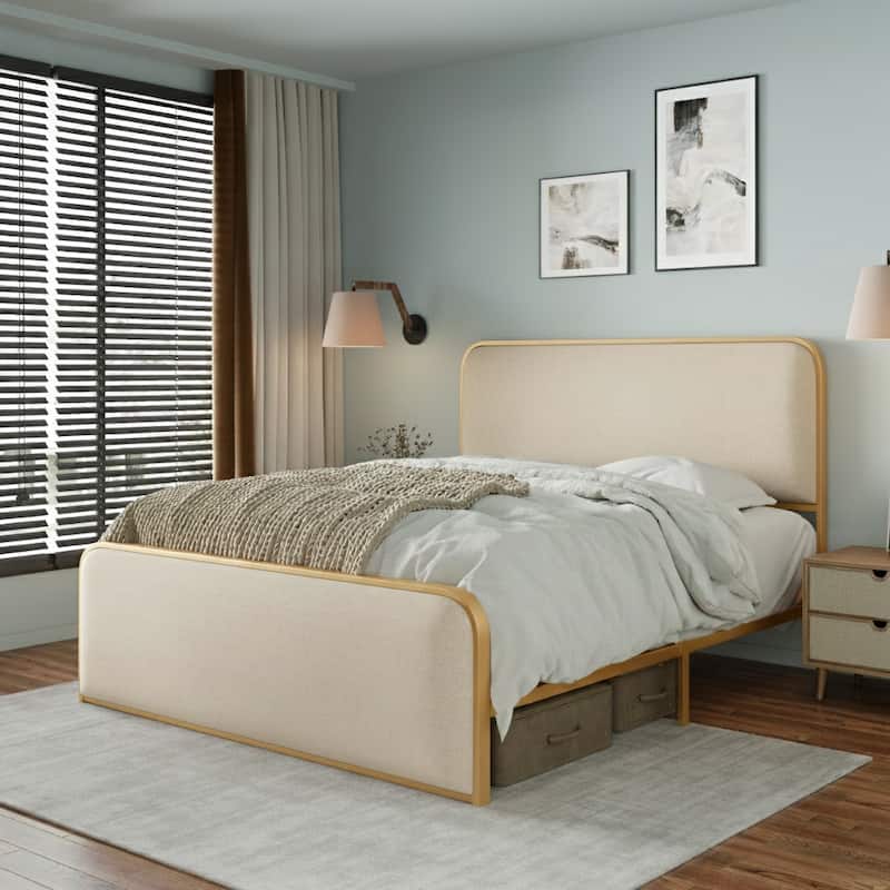 Linen Upholstered Bed Metal Platform Bed Frame with Storage Underneath, Safety Rounded Corners Design Headboard and Footboard