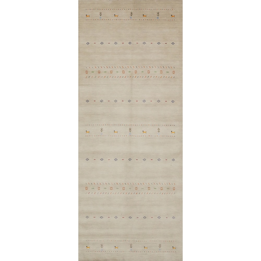 Hand Knotted Oriental 100% Wool Carpet Tribal Animal Pictorial Beige & Ivories Gabbeh Runner Rug - 11' 10'' X 4' 3''