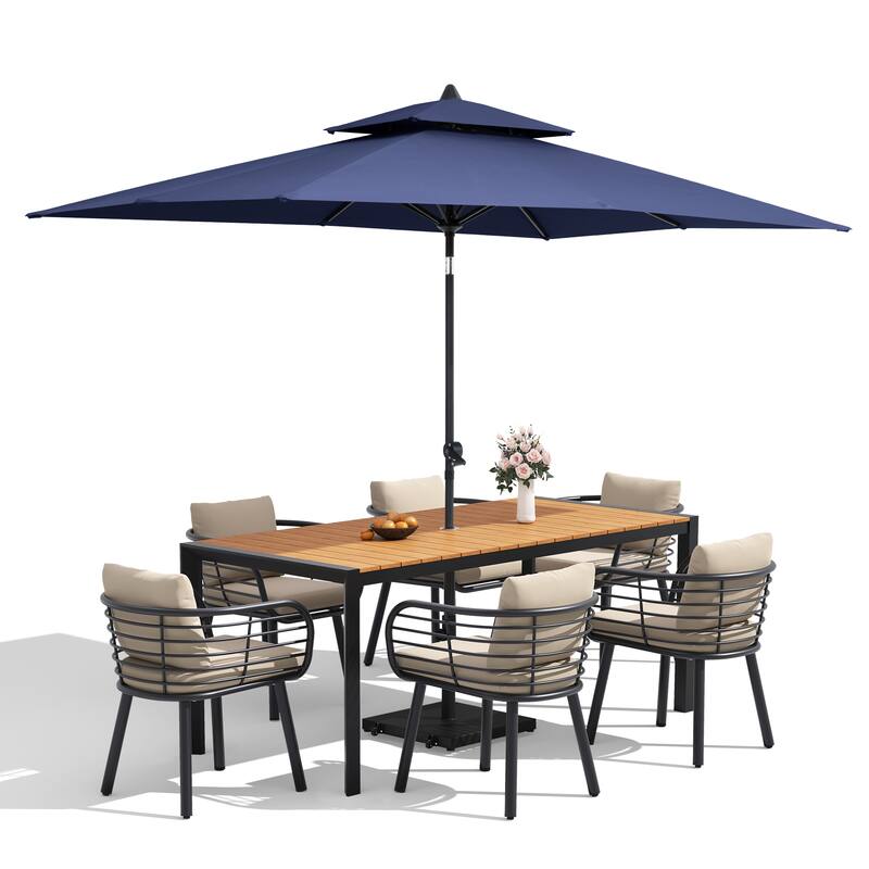 9/11-Piece Outdoor Dining Set w/10 ft Umbrella and Base Aluminum Dining Table and Chairs with Sunbrella Cushions