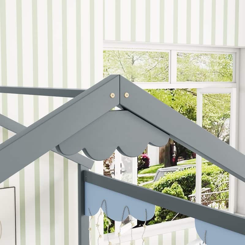 House-shape Bed Frame Double Twin Size Floor Bed with Fence Guardrails, without Door for Multi Toddler Children Kids Boys Girls