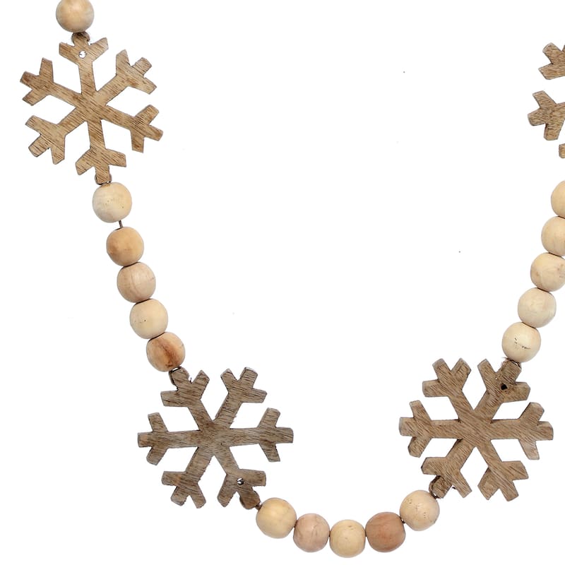 60" Wood Bead With Snowflake Garland - Natural