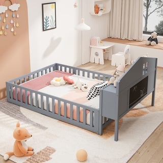 Full Montessori Floor Bed with Bookcases & Blackboards for Kids and Teens, Grey