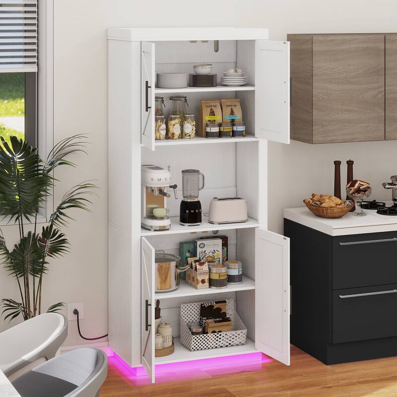 Moasis Farmhouse 71" Tall Kitchen Pantry Cabinet with Lights & Charging Station