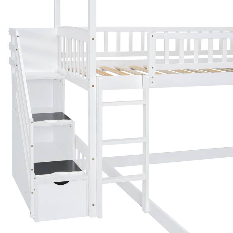 Twin Over Full Bunk Bed with Slide and Storage, White/Gray, Space-Saving Design