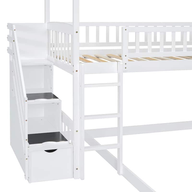 Twin over Twin Size Pine Wood Bunk Bed with Two Drawers and Slide for Kids