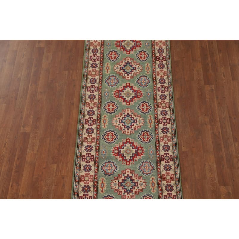 Green Kazak Runner Rug Handmade Wool Carpet - 2'8" x 9'7"