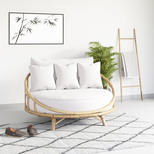 slide 2 of 8, Bamboo Large Round Accent Sofa Chair Natural Color With White Cushion