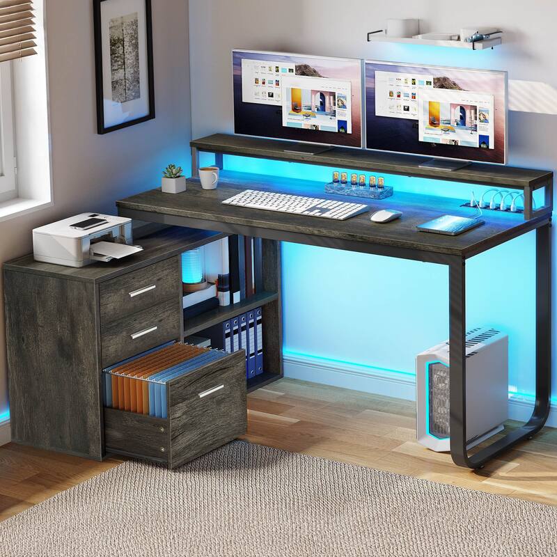 Moasis 55" L-Shaped Desk Corner Computer Desk with Power Outlets and Cabinet - Grey