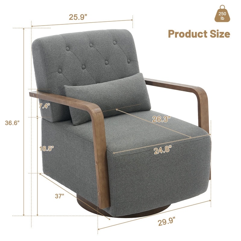 Solid Wood Swivel Accent Chair with Armrests and Lumbar Pillow - 360° Rotation
