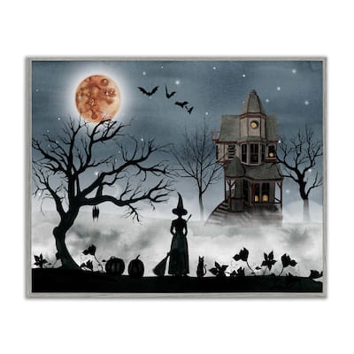 Stupell Halloween Witch Silhouette in Full Moon Haunted House Scene Grey Framed, 16 x 20, Proudly Made in USA