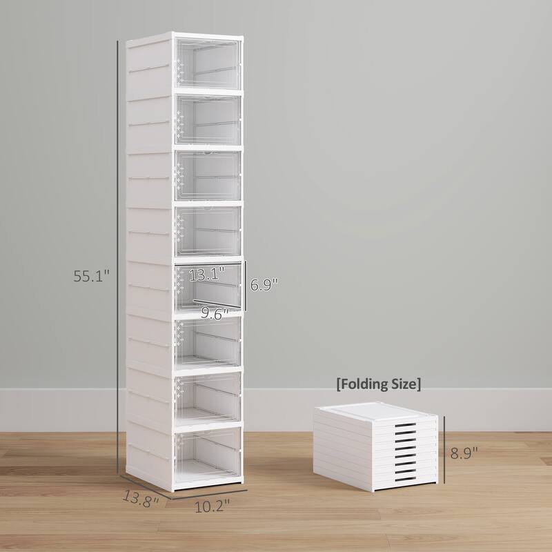 HOMCOM 8 Pack Foldable Shoe Organizer, Plastic No Assembly Stackable Shoe Storage Box with Clear Door, Space Saving