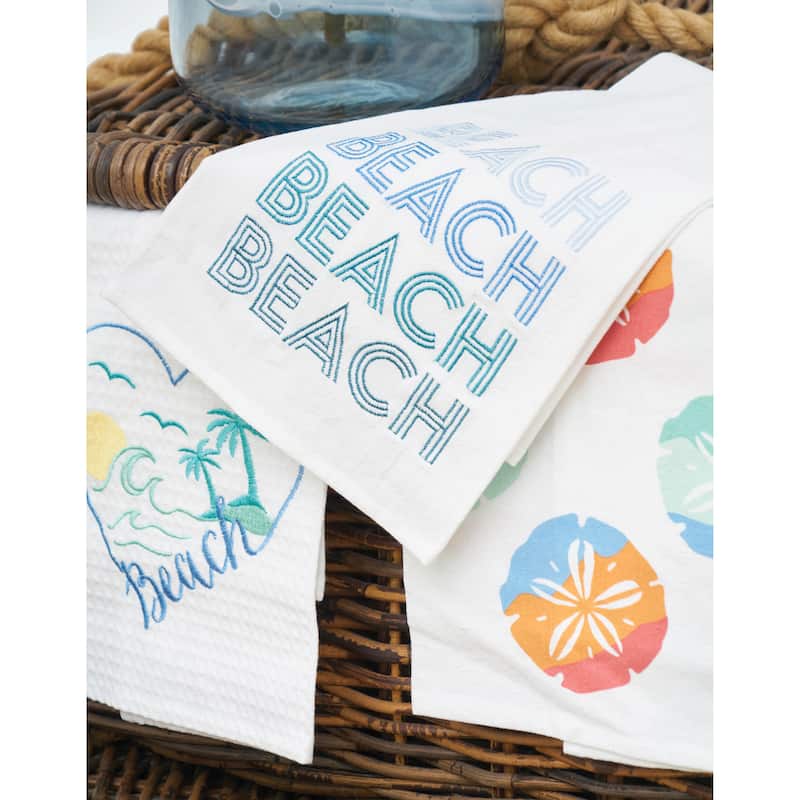 Beach Heart Embroidered Cotton Waffle Weave Kitchen Towel