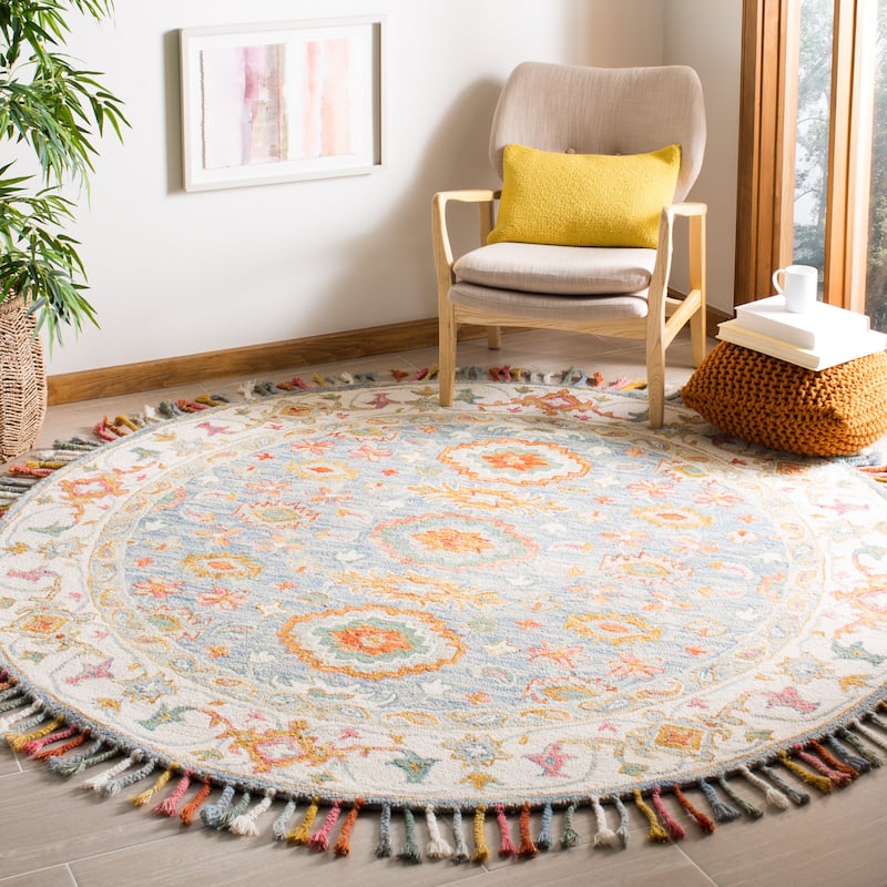 SAFAVIEH Handmade Aspen Marrie & Eclectic Floral & Botanical - 7' x 7' Round - Blue/Ivory - Runner/Round