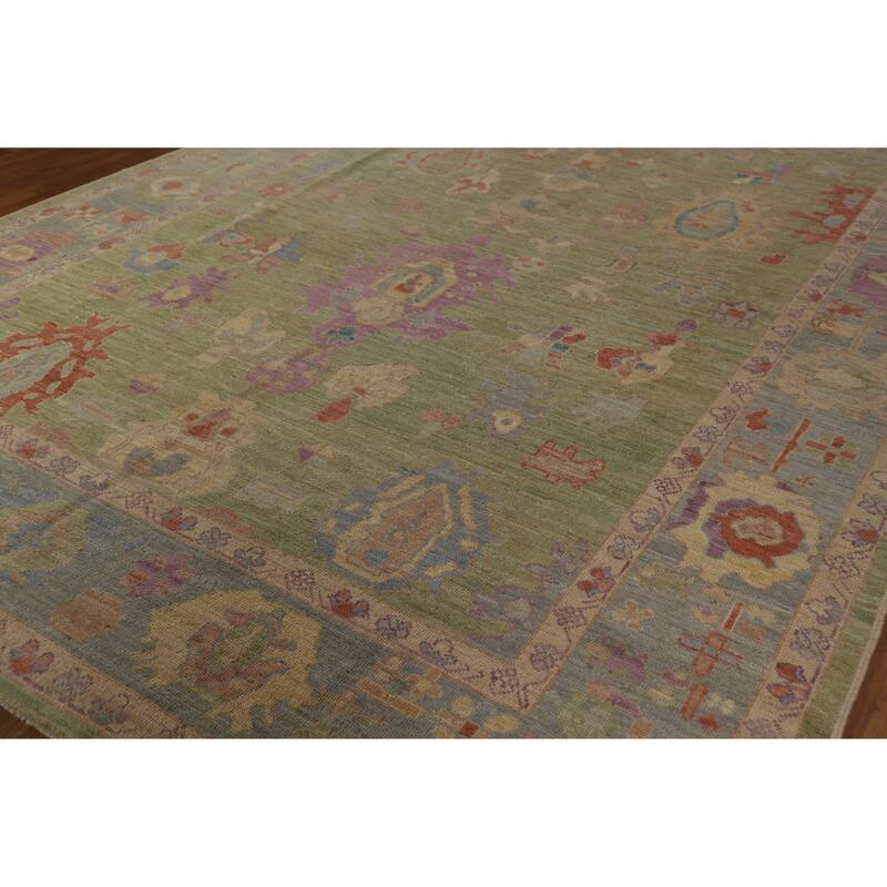 Hand Knotted Oriental 100% Wool Carpet Transitional All-Over Green Oushak Area Rug - 12' 5'' X 9' 3''