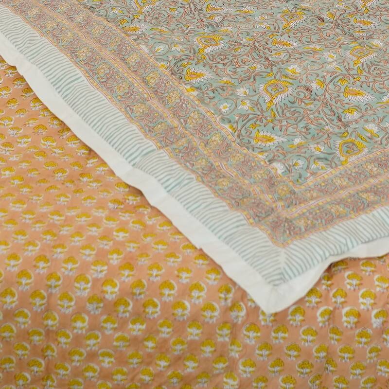 Fabdivine Handcrafted Cotton Quilt - Mustard Floral, Premium Cotton Reversible Traditional Hand Block Print Decorative Bedding - 90" X 95" - Mustard,Blue