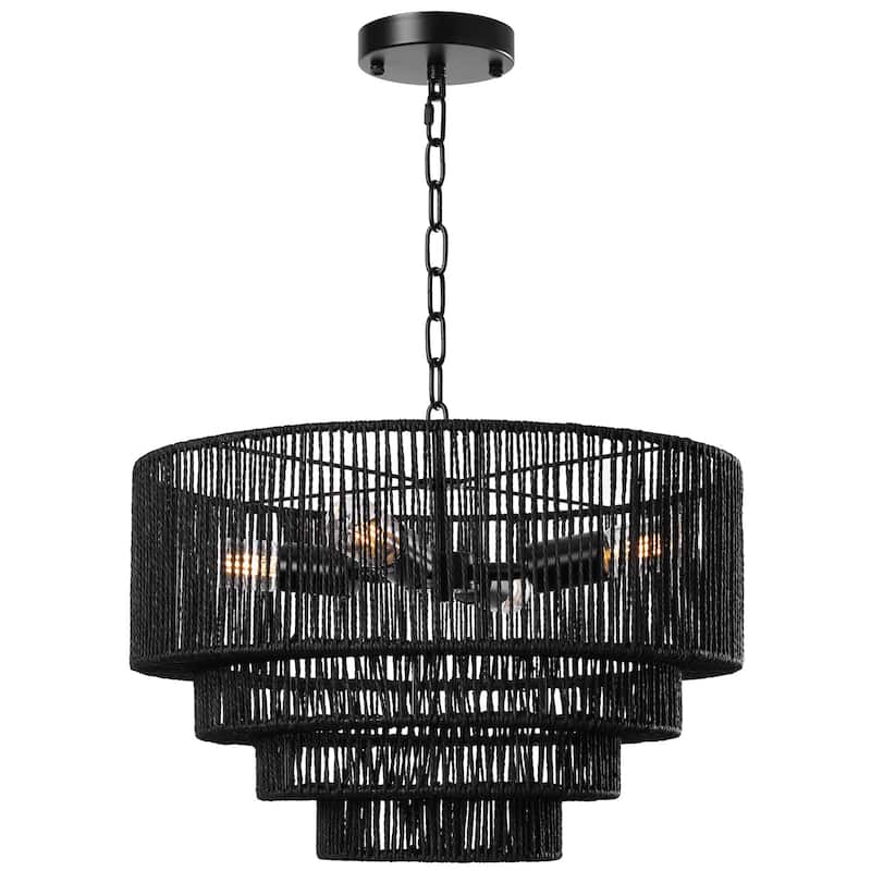 4-Light Dimmable Hand-Woven Rattan Tiered Chandelier - Black