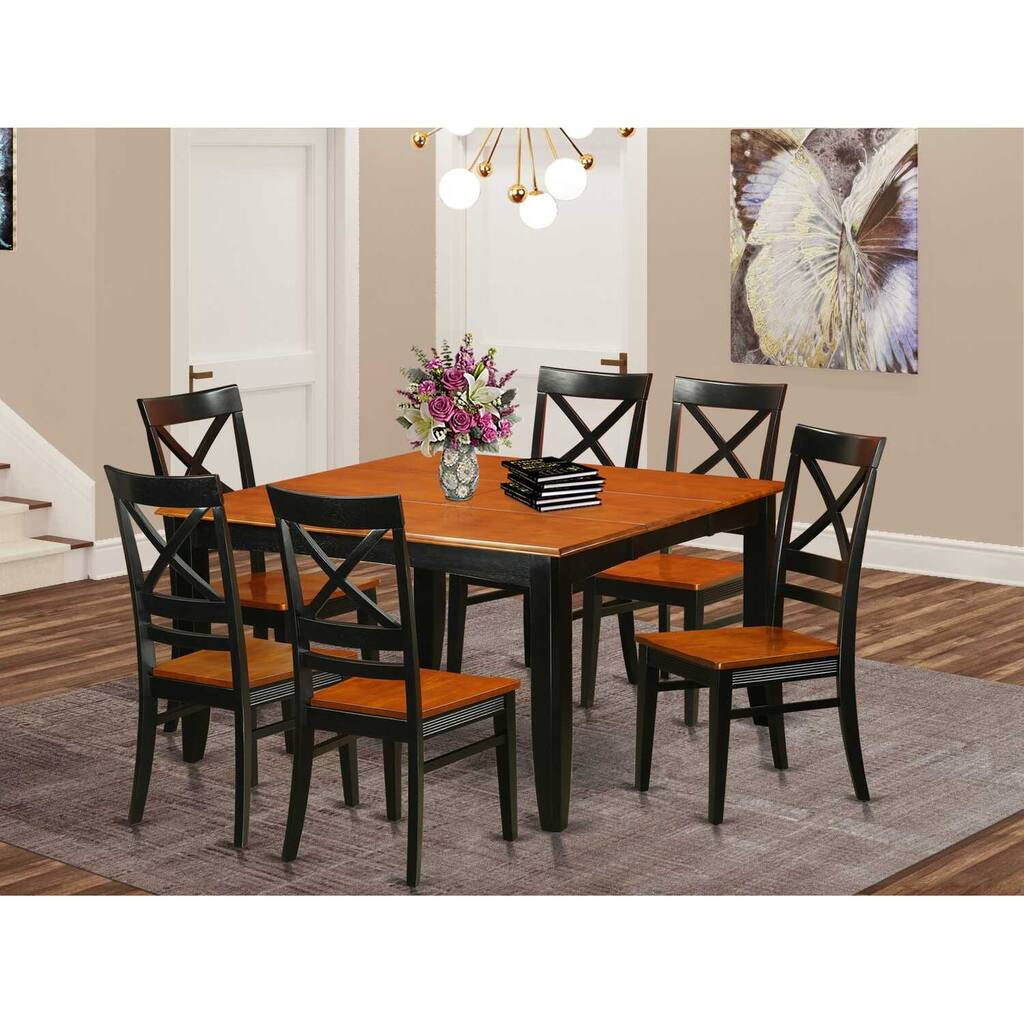 HomeStock 7-Piece Square Black & Cherry Finish Solid Wood Top Dining Table with 6-Chairs with Lattice Back