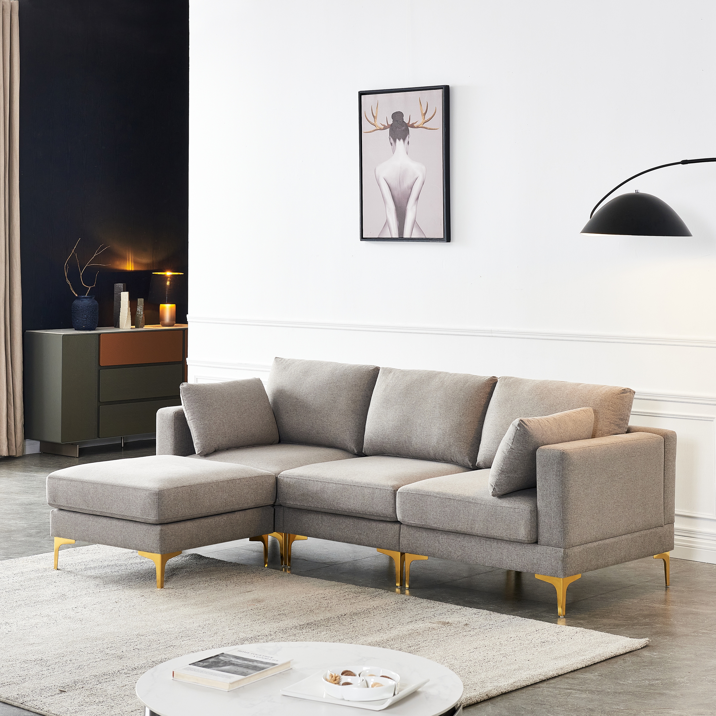Grey 92 L Shape 3 Seater Sofa with Ottoman Gold Legs