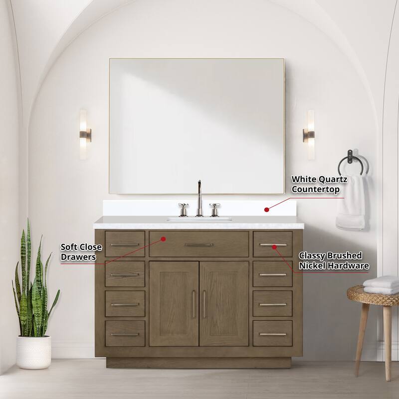 Abbey 48 in W x 22 in D Black Oak Single Bath Vanity, White Quartz Top, Faucet Set, and 46 in Mirror