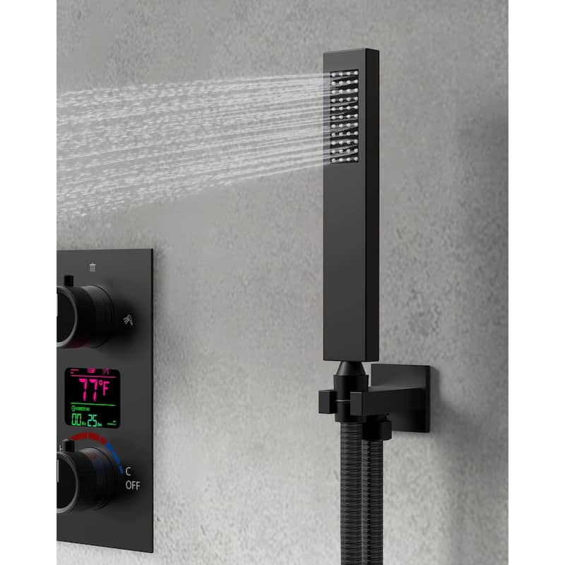 GRANDJOY Digital Display Shower System, 12" High Pressure Dual Shower Heads with Handheld Spray