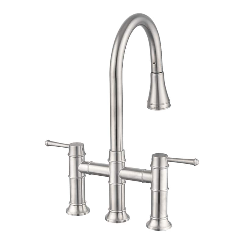 Bridge Kitchen Faucet With Pull Down Sparyer 3 Hole Kitchen Sink Faucet Double Handle 304 Stainless Steel Taps