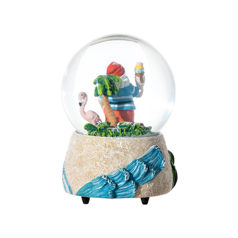 Glitzhome 100mm Christmas Resin Musical Snowflakes Santa on Vacation Waterglobe
