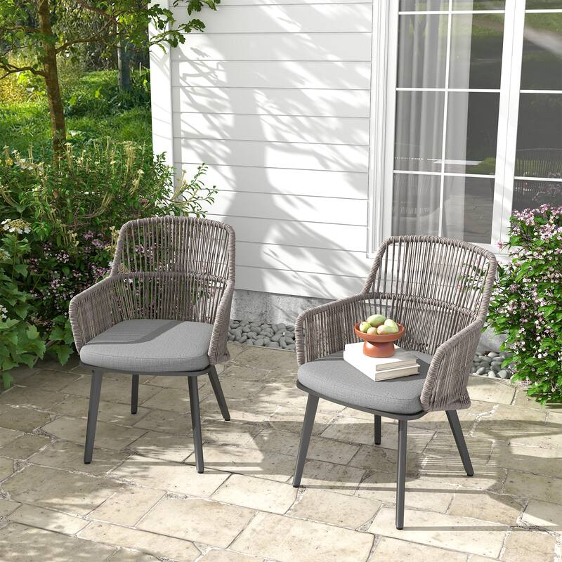 Outdoor 2-piece Dining PE Wicker Arm Chair with Cushion - DarkGrey