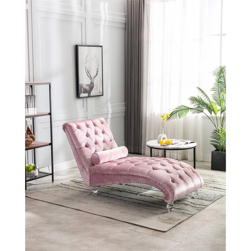Leisure Concubine Sofa with Acrylic Feet, Traditional Chaise Velvet Barrel Sofa with Lumbar Support Pillow for Living Room