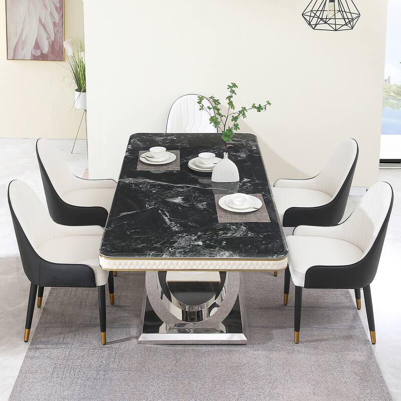 Luxury Modern Dining Table 78.7inch Black Dining Table with 8 chairs Faux Marble Dining Table Top with Dual Circle Bas