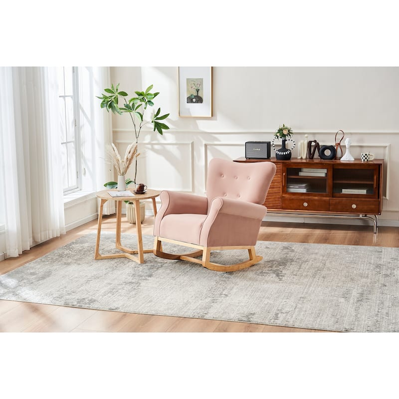 Velvet Upholstered Glider Rocking Chair, Glider Rocking Chair with Fabric Seat, High Back Armchair with Wood Base