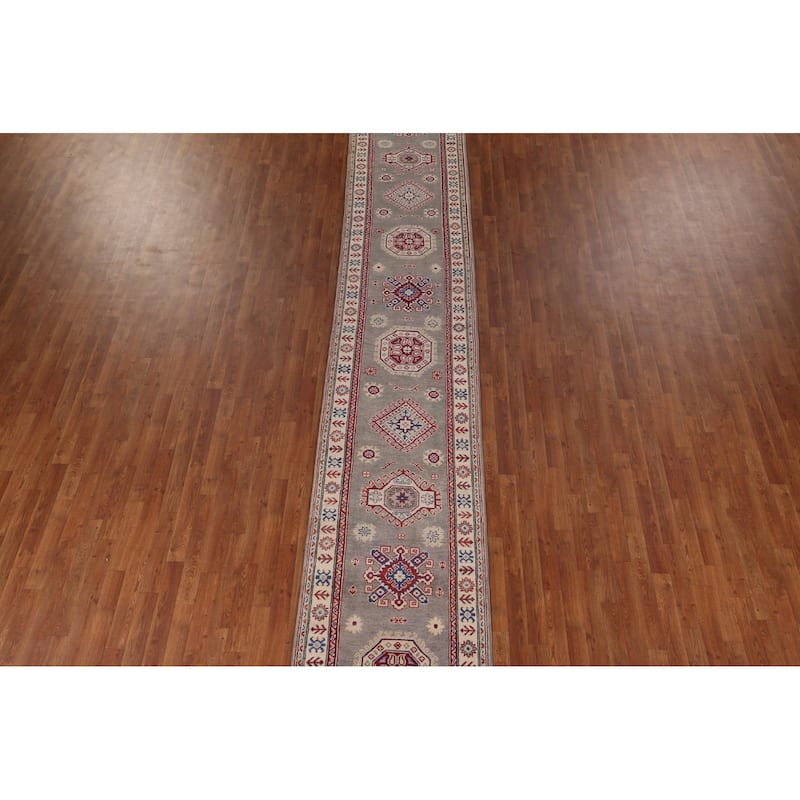 Gray Kazak Oriental Runner Rug Hand-Knotted Wool Carpet - 2'9" x 19'8"