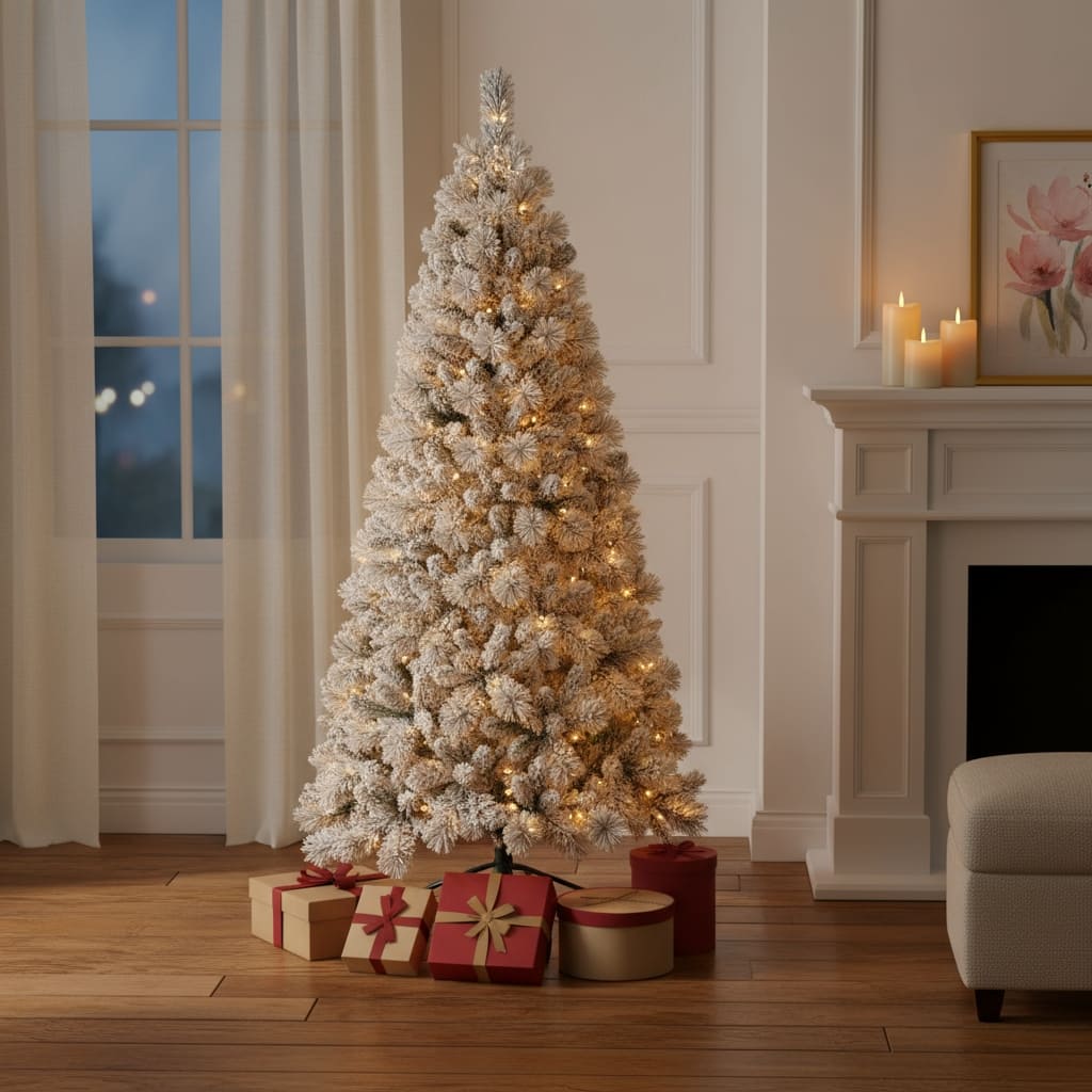 HomeRoots 7.5' White Pre Lit Full Flocked Fir Christmas Tree - 50.00 in. x 90.00 in. x 50.00 in.