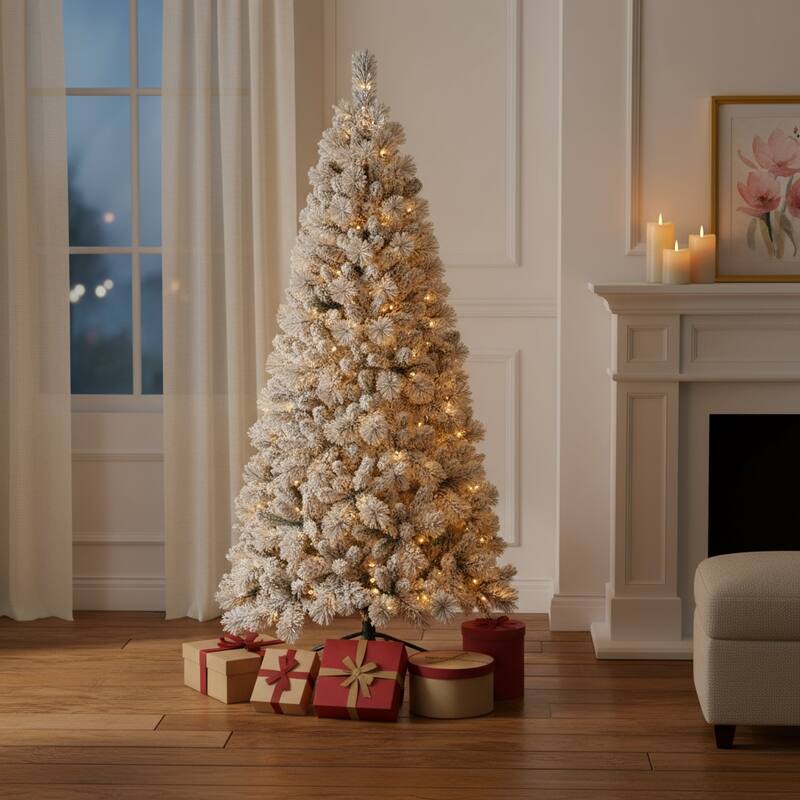 HomeRoots 7.5' White Pre Lit Full Flocked Fir Christmas Tree - 50.00 in. x 90.00 in. x 50.00 in. - White - 7.5 Foot