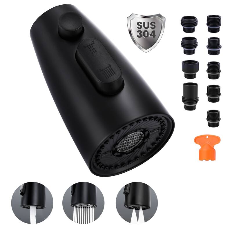 WOWOW Modern Kitchen Faucets Head with 3-Spray Modes and 9 Adapters - Matte Black