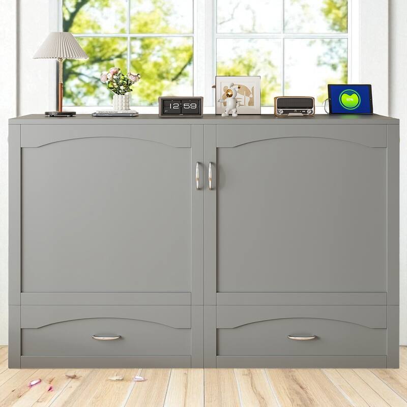 Queen Size Murphy Wall Bed with Drawers, USB & Power Sockets, Pulley Lift Design and Slat Support - Grey - Queen