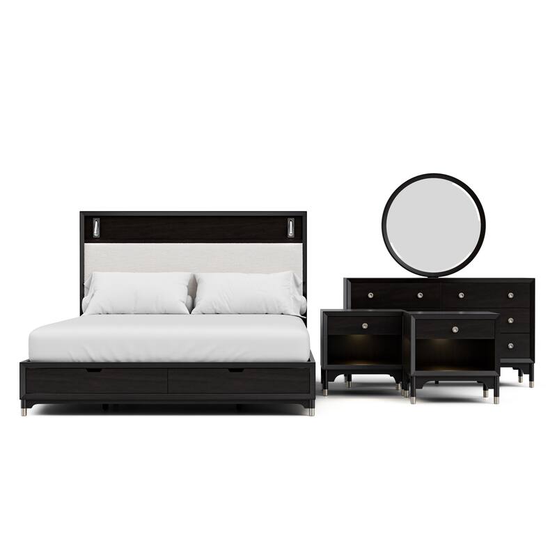 Furniture of America Forma Mid-Century Modern 5-Piece Black Solid Wood Storage Platform Bedroom Set