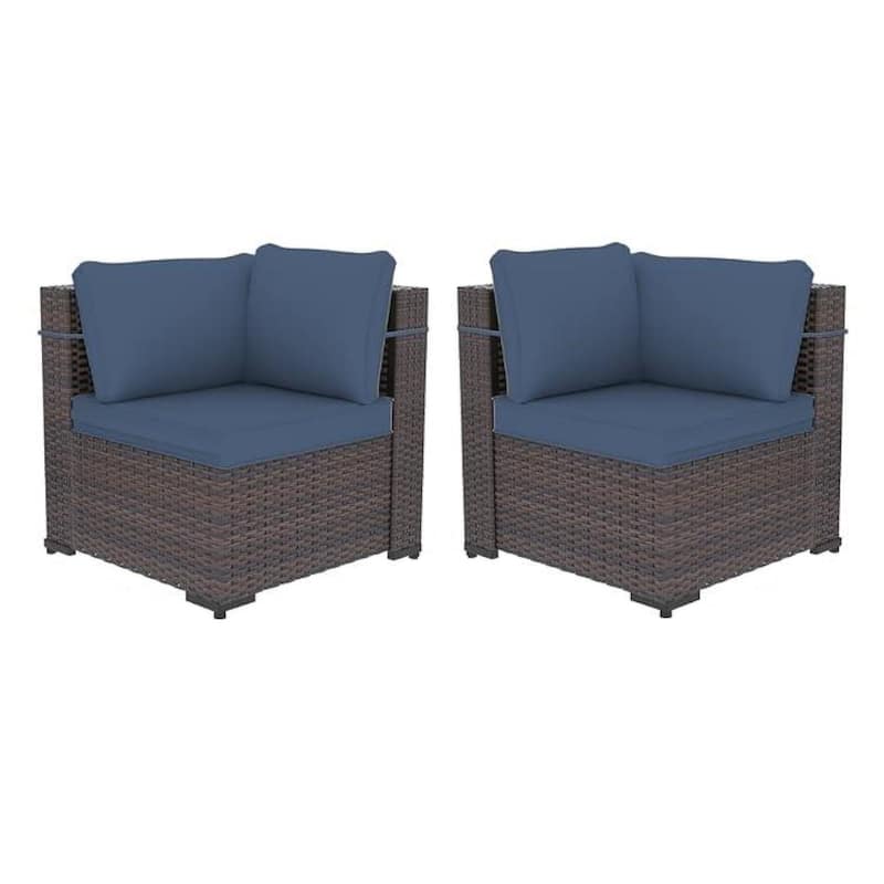 Outdoor Rattan Sectional Sofa Set, Patio Furniture Conversation Set with Fire Pit Table - Set C - Navy Blue