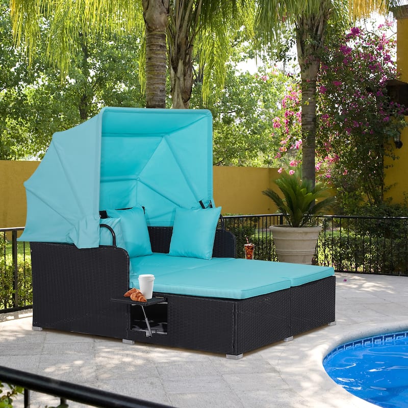Patio Rattan Daybed Outdoor Loveseat Sofa Set with Retractable Canopy