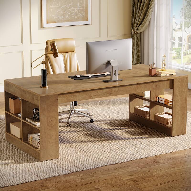 70.87-Inch Executive Desk with Storage Shelves, Wooden Large Office Computer Desk for Home Office