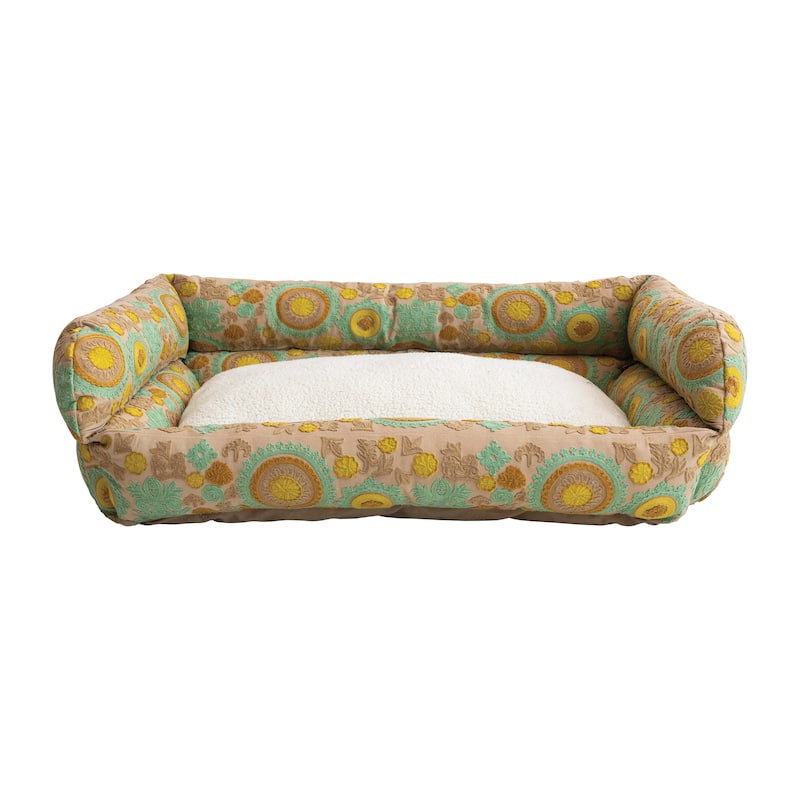 Cotton and Sherpa Pet Bed with Floral Design - Green - 39.0"L x 26.0"W x 10.8"H