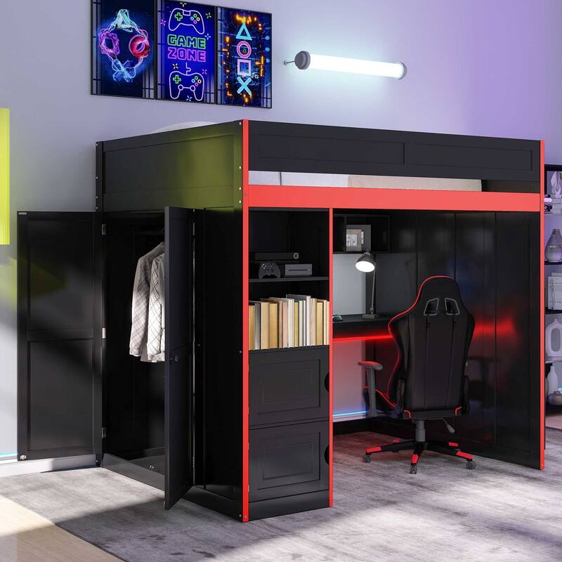 Gaming Loft Bed with Desk, Storage, and LED Lighting by Harper&Bright Designs