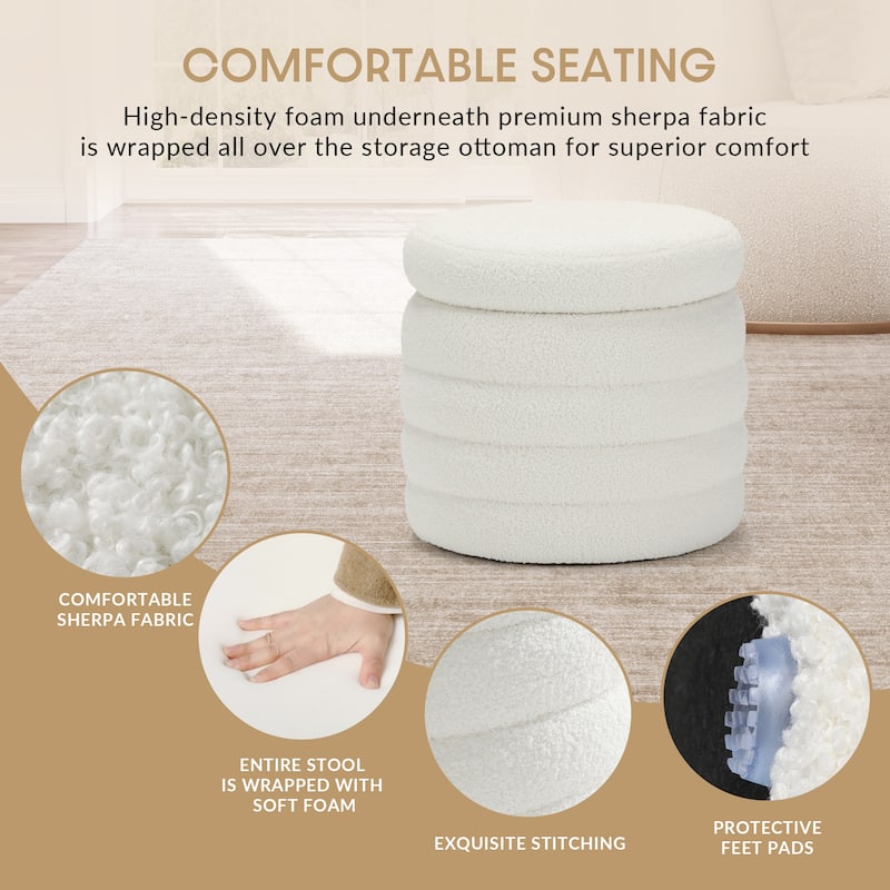 Bayville 16" Tall Sherpa Round Ottoman With Storage