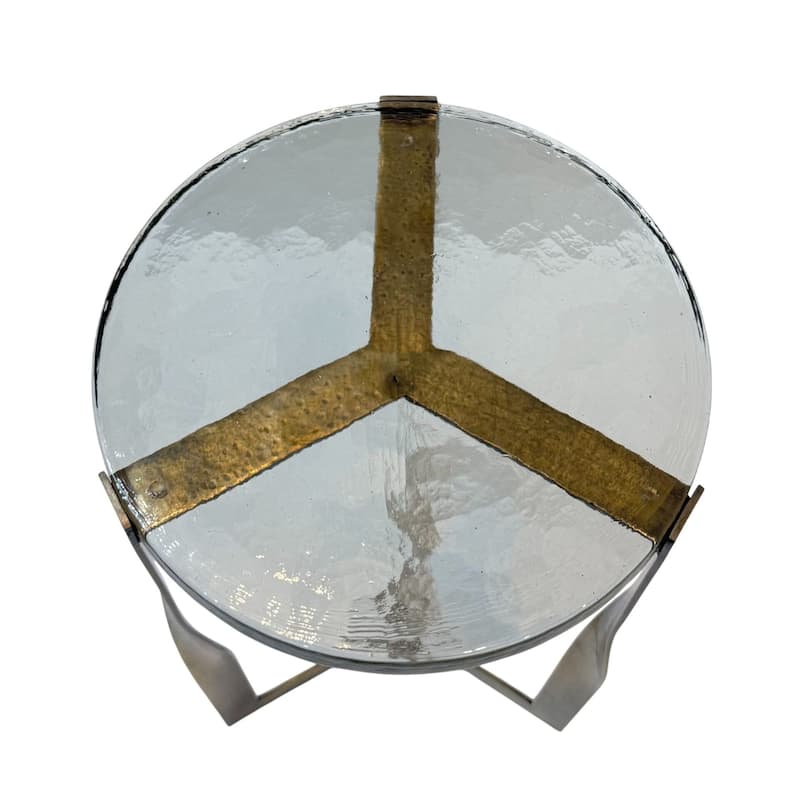 Castella Round Side Table - Recycled Glass Top and Powder Coated Iron Frame Antique Brass Finish Accent Table
