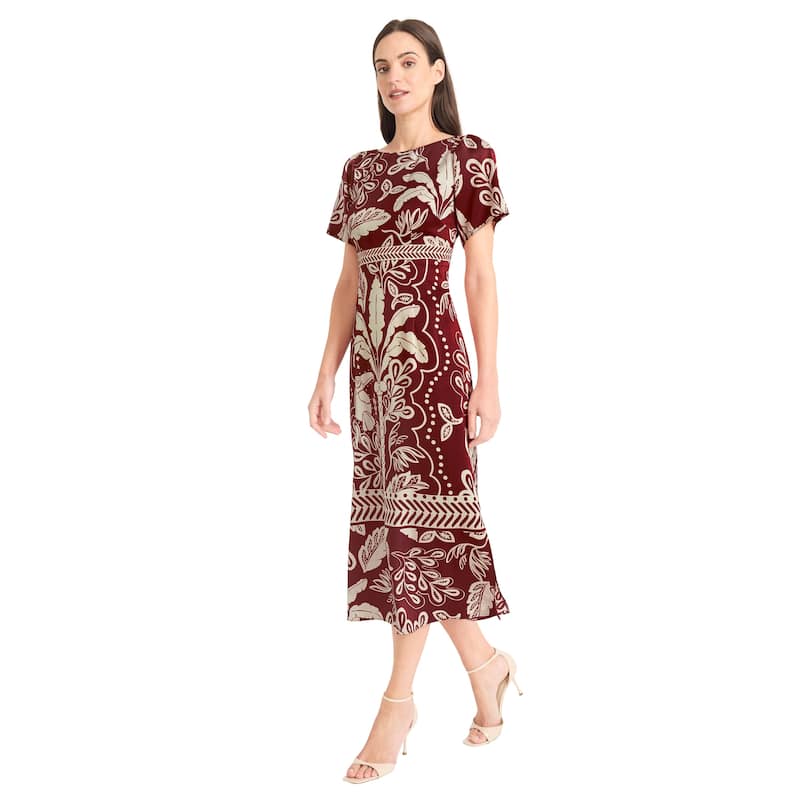 Maggy London Leaf Print Short Sleeve Midi Dress