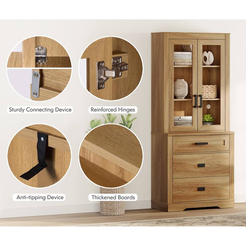 3-Column 73.3" Tall Bookshelf Set with Open Storage and Glass Doors