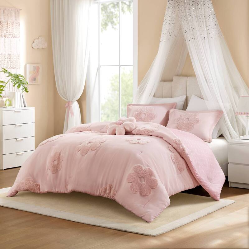 Intelligent Design Kids Gracie Floral Reversible Tufted Chenille Comforter Set with Flower Throw Pillow