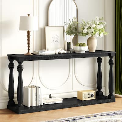 Vintage Wood Grain Console Table, Long Entryway Table Accent Table with Bottom Shelf and 4 Pine Vase Legs for Entryway
