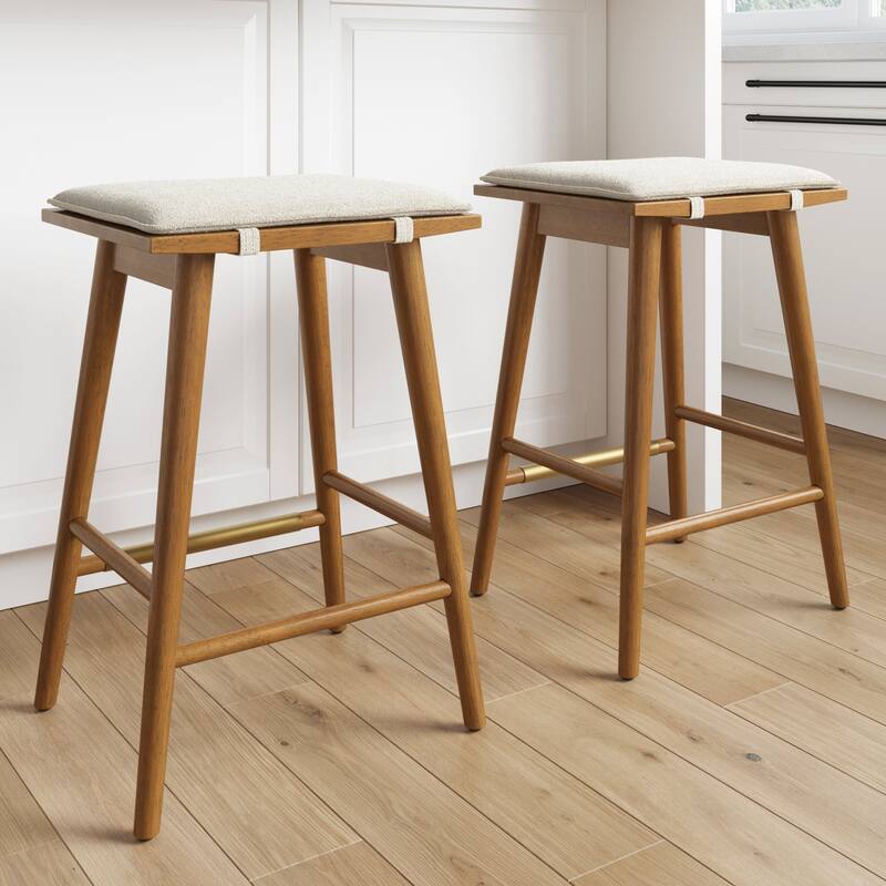 Barker Boucle Upholstered Barstool, Backless Counter Height Stool with Cushion - Set of 2 - Cream Boucle/Brown