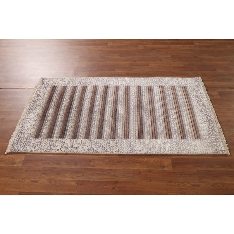 Beige Striped Abstract Accent Rug Handmade Oriental Wool Carpet - 2'9"x 5'0"