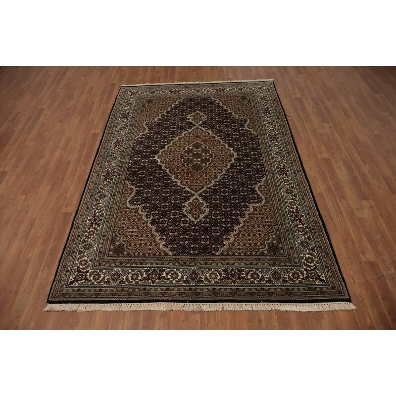 Hand Knotted Oriental 100% Wool Carpet Traditional Floral Black Tabriz-Mahi Area Rug - 8' 8'' X 5' 8''